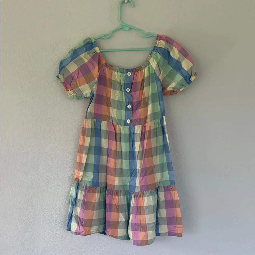 GAP girl’s pastel gingham plaid cotton button print puff sleeve dress medium